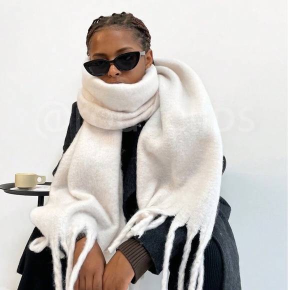 White Wide Shawl Scarf With Tassels Fuzzy Knit - Picture 8 of 17